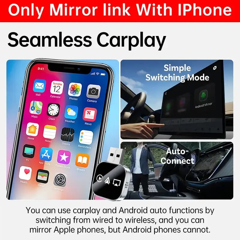 2026 Upgrade 3 in 1 Screen Mirror iOS Phone, wired to wireless Carplay adapter